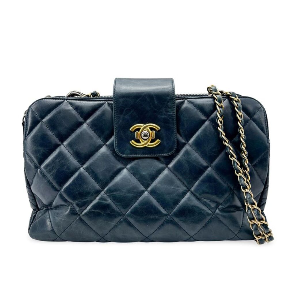 Chanel Vintage Lambskin Frame Chain Shoulder Bag Navy Gold Hardware